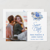 Dusty Blue Floral Foto Save the Date (Vorne/Hinten)