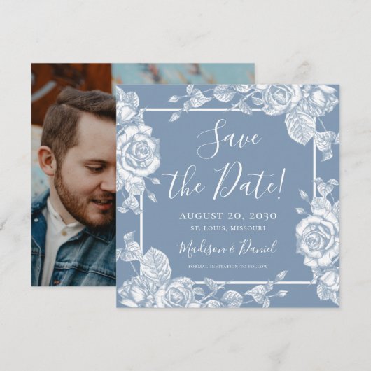 Dusty Blue Floral Foto Save the Date Einladung (Vorne/Hinten)