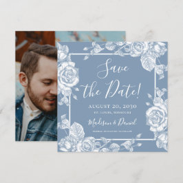 Dusty Blue Floral Foto Save the Date Einladung