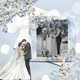 Dusty Blue Floral Foto Wasserfarbe Hochzeit Dankeskarte