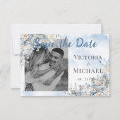Dusty Blue Floral Foto Wasserfarbe Hochzeit Save The Date (Vorderseite)