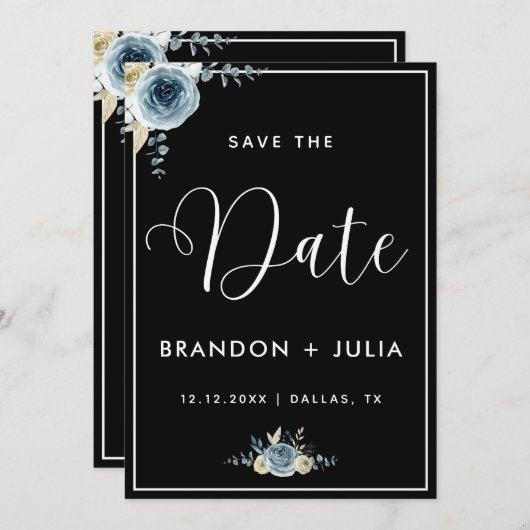 Dusty Blue Floral Frame Moderne Elegante Schwarz-w Save The Date (Vorne/Hinten)
