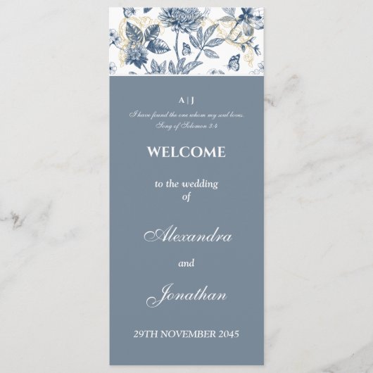 Dusty Blue Floral French Christian Wedding Program Programm (Vorderseite)