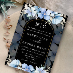 Dusty Blue Floral Garden Monogram Black Wedding Einladung