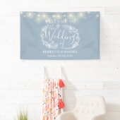 Dusty Blue Floral Garland Script Wedding Banner (Insitu)