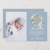 Dusty Blue Floral Garland Taufe Foto Dankeskarte (Vorne/Hinten)