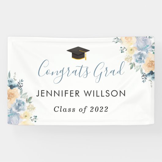 Dusty Blue Floral Glückwunschs Grad Graduation Par Banner (Horizontal)