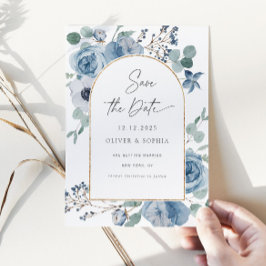 Dusty blue floral gold arch Save the date Einladung