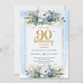 Dusty Blue Floral Gold Chic 90th Birthday Invites Einladung (Vorderseite)