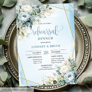 Dusty Blue Floral Gold Frame Dinner Einladung
