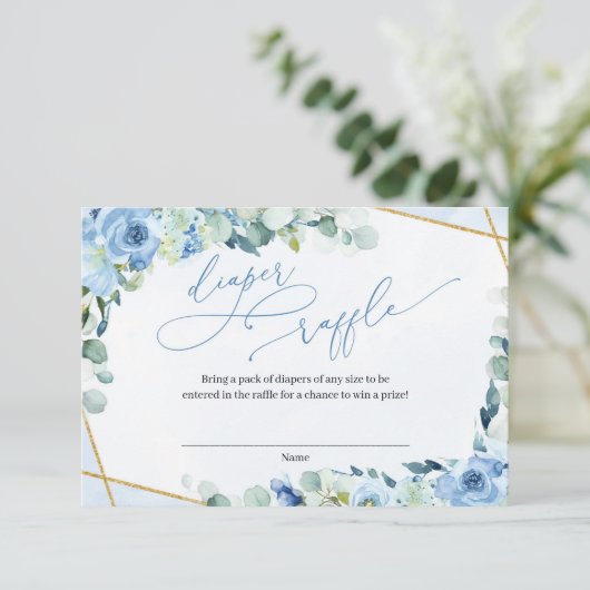 Dusty Blue Floral Gold Geometric Diaper Raffle Begleitkarte (Stehend Vorderseite)
