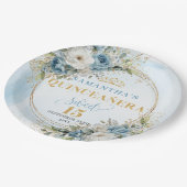 Dusty Blue Floral Gold Glitter Custom Quince Plate Pappteller (Schrägansicht)