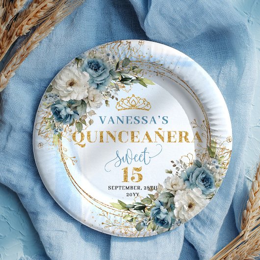 Dusty Blue Floral Gold Glitter Custom Quince Plate Pappteller