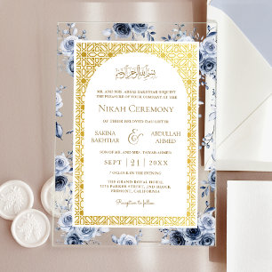 Dusty Blue Floral Gold Muster muslimische Hochzeit Acryleinladungen