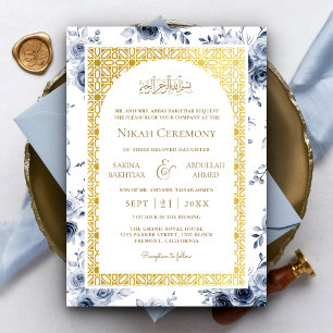 Dusty Blue Floral Gold Muster muslimische Hochzeit Einladung