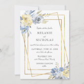 Dusty Blue Floral Gold Rahmen Wedding Einladung (Vorderseite)