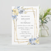 Dusty Blue Floral Gold Rahmen Wedding Einladung (Stehend Vorderseite)
