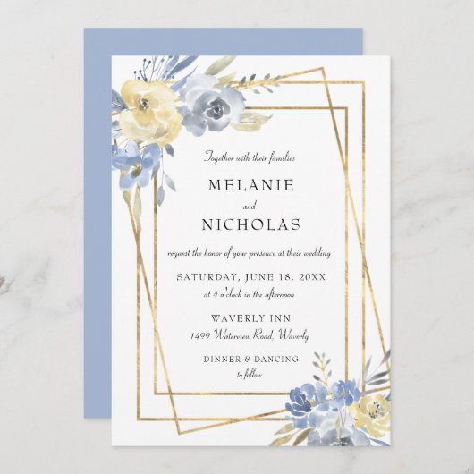Dusty Blue Floral Gold Rahmen Wedding Einladung (Vorne/Hinten)