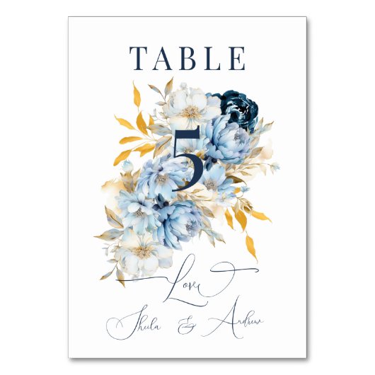 Dusty Blue Floral Gold Tischnummer (Vorderseite)