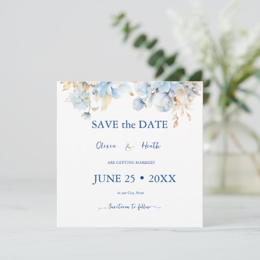 Dusty Blue Floral Gold Wedding 2 Save The Date (Stehend Vorderseite)