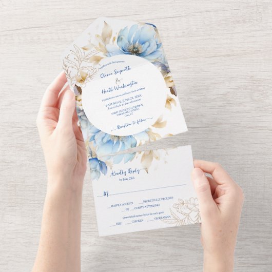 Dusty Blue Floral Gold Wedding All In One Einladung (Abreißen)