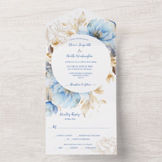 Dusty Blue Floral Gold Wedding All In One Einladung (Innen Boden)