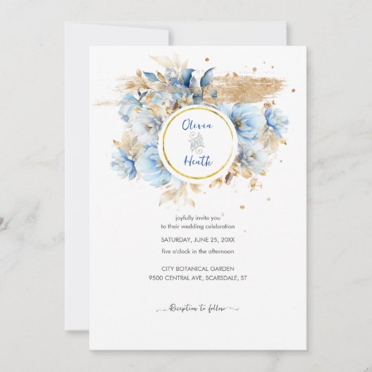Dusty Blue Floral Gold Wedding Einladung (Vorderseite)