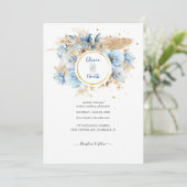 Dusty Blue Floral Gold Wedding Einladung (Stehend Vorderseite)