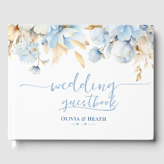 Dusty Blue Floral Gold Wedding Gästebuch (Vorderseite)