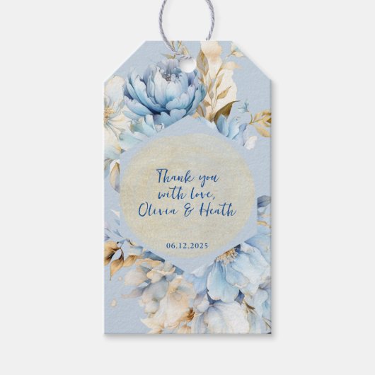 Dusty Blue Floral Gold Wedding Geschenkanhänger (Vorderseite)