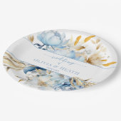 Dusty Blue Floral Gold Wedding Pappteller (Schrägansicht)
