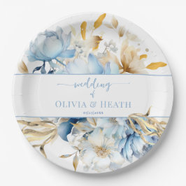 Dusty Blue Floral Gold Wedding Pappteller
