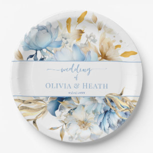 Dusty Blue Floral Gold Wedding Pappteller
