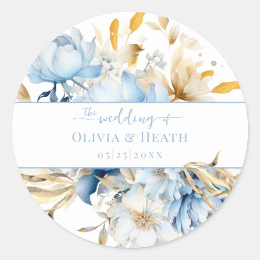 Dusty Blue Floral Gold Wedding Runder Aufkleber (Vorderseite)