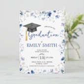 Dusty Blue Floral Graduation Party Invite Einladung (Stehend Vorderseite)
