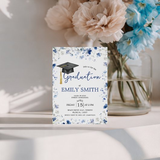Dusty Blue Floral Graduation Party Invite Einladung