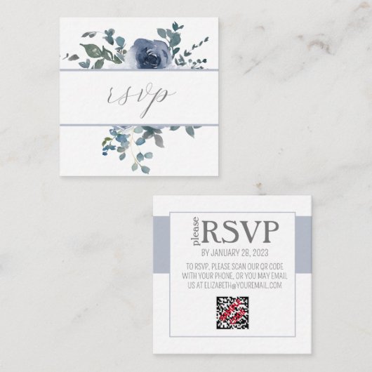 Dusty Blue Floral & Gray QR Code RSVP Card Begleitkarte (Vorne/Hinten)