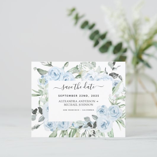 Dusty Blue Floral Greenerie Save the Date Invitati (Stehend Vorderseite)