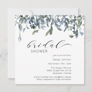 Dusty Blue Floral Greenerity Brautparty Einladung
