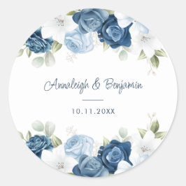 Dusty Blue Floral Greenerity Script Wedding Runder Aufkleber