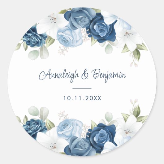 Dusty Blue Floral Greenerity Script Wedding Runder Aufkleber (Vorderseite)