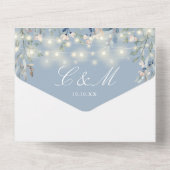 Dusty Blue Floral Greenerity String Lights Wedding All In One Einladung (Rückseite)