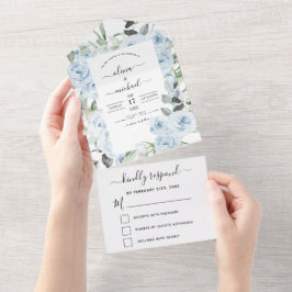 Dusty Blue Floral Greenerity Wedding RSVP All In One Einladung