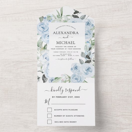 Dusty Blue Floral Greenerity Wedding RSVP All In One Einladung (Innen Boden)