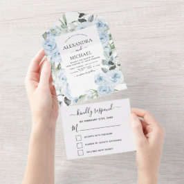 Dusty Blue Floral Greenerity Wedding RSVP All In One Einladung