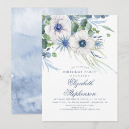 Dusty Blue Floral Greenery Elegant Geburtstag Einladung