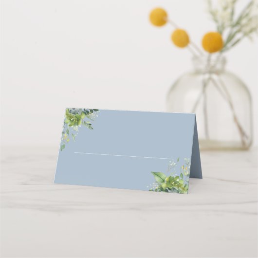 Dusty Blue Floral Greenery Elegante Wedding Platzkarte (Vorderseite)