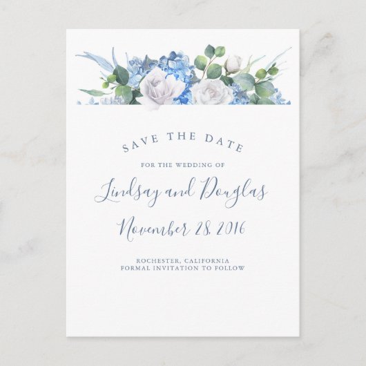 Dusty Blue Floral Greenery Hydrangea Save the Date Ankündigungspostkarte (Vorderseite)