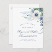 Dusty Blue Floral Greenery Modern Save the Date Ankündigungspostkarte (Vorne/Hinten)
