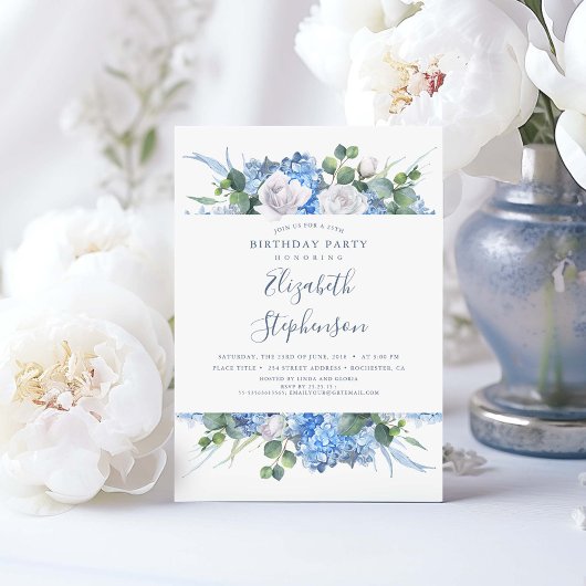 Dusty Blue Floral Greenery Moderne Geburtstag Einladung